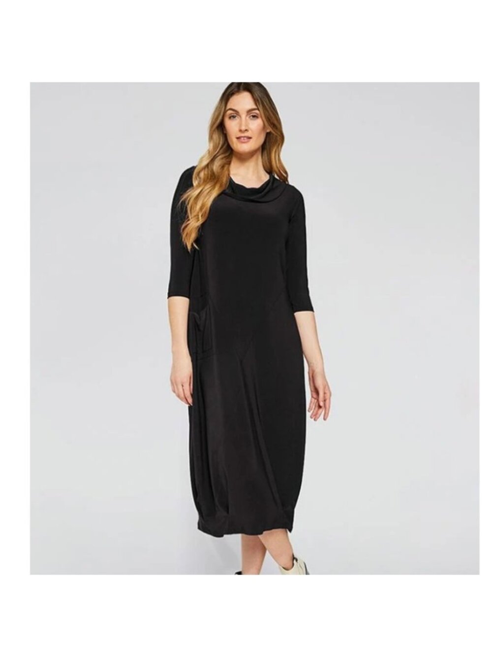 Sympli Angel Seam Pleat Hem Dress Black Size 14 Made In Canada Midi Stretch